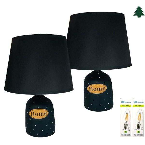 Fabric Bedside Lamp Shade with Black Ceramic Set Of 2