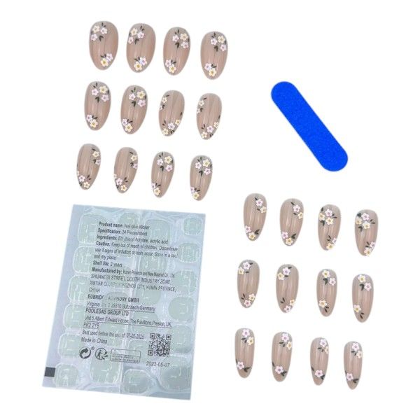 24pcs Long Almond Flower Pattern Glossy Press On Nails - Nude
