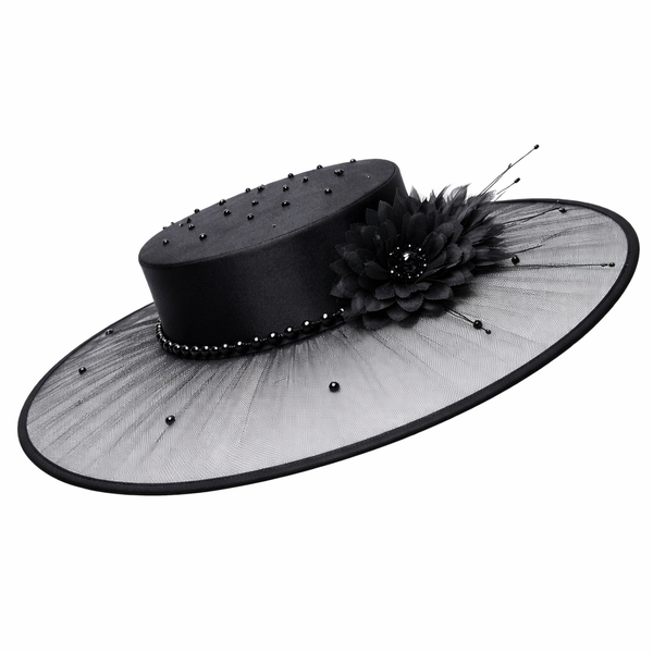 Elegant Wide-Brim Lace Hat with Floral Detail - Classic Statement Hat
