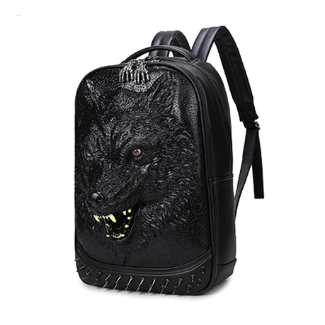 3d black wolf pu leather cheap backpack