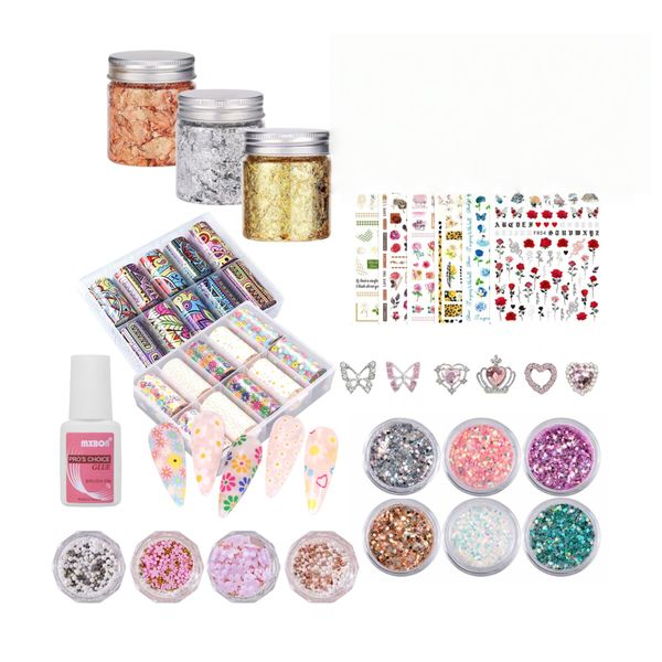 Nail Art Decoration Kit - Foils, Stickers, Gems &amp; Glitter Set for DIY Nails