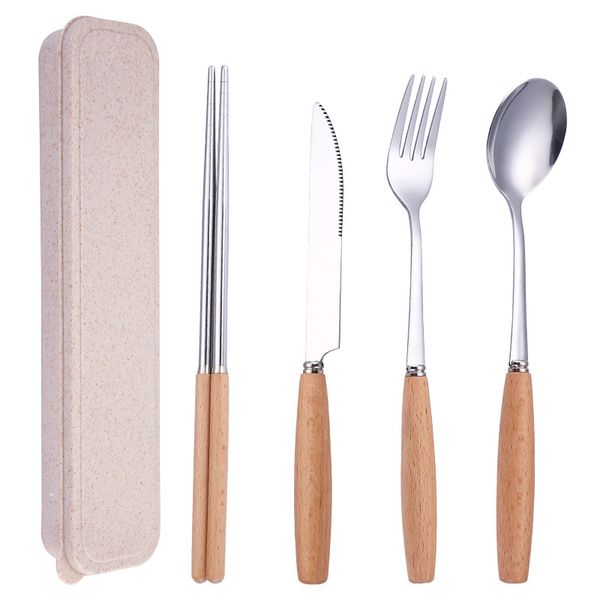 Portable Utensils Set with Case-4 Pieces Wood Handle Reusable Flatware Set