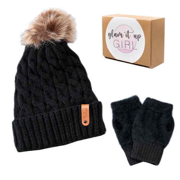 Glam It Up Girl Warm Winter Beanie &amp; Matching Gloves Set
