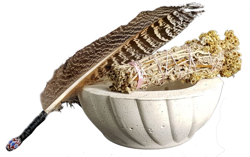 Cement Smudge Bowl and Imphepo Smudge Wand -Peacock Smoke Feather Fan