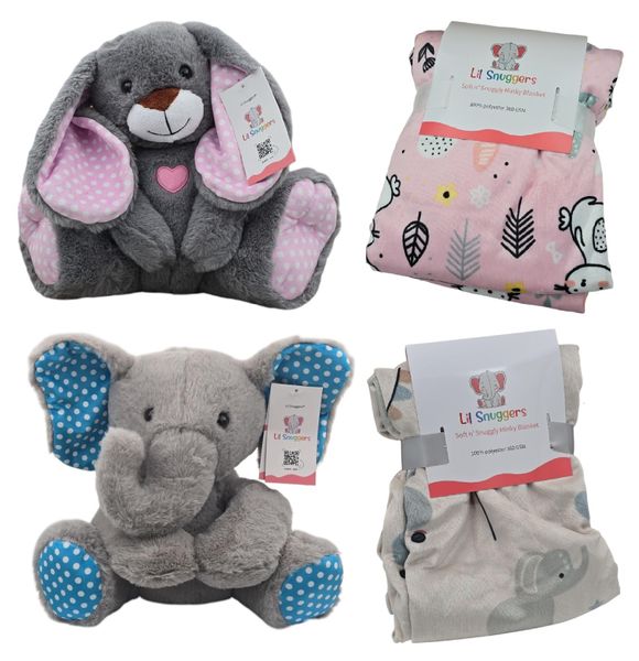 Microwavable Stuffed Animal &amp; Blanket Set Combo - 1 Elephant &amp; 1 Bunny