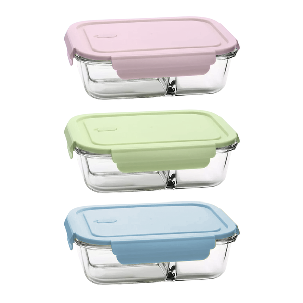 Split Compartment Leak-Proof Glass Food Containers - 1 Litre - 3 Pack