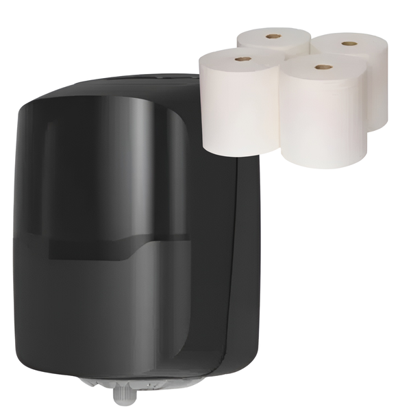 Barrel Paper Towel Dispenser Lucent Black and Maxi Barrel Roll Combo