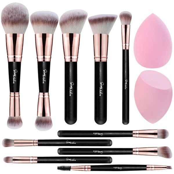 DUAIU 12-Piece Professional Dual-Ended Makeup Brush Set, 2 Makeup Sponges