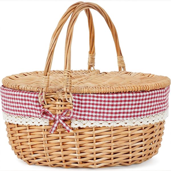 15.7" Picnic Basket, Small Wicker Basket with Foldable Handle Lid &amp; Liner