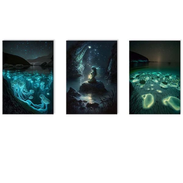 Canvas-Art-3 Pieces Mermaid Underwater Dark Blue Glowing Jellyfish Wall Art