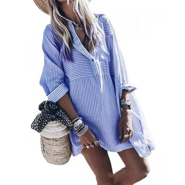 Collar Striped Beach Dress