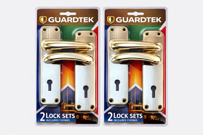 GUARDTEK Mortice Brass 4 Pack Lock Set 3L-Heavy Duty Door Handles with Keys
