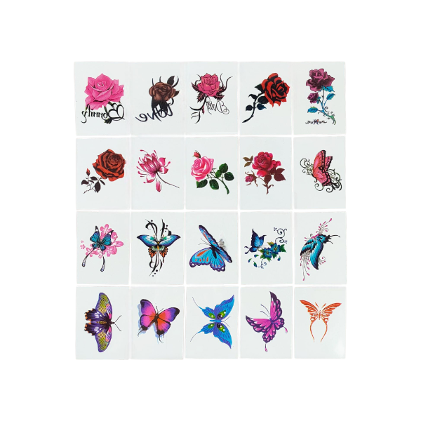 20pcs Colorful Rose &amp; Butterfly Temporary Tattoo Stickers - Multicolor