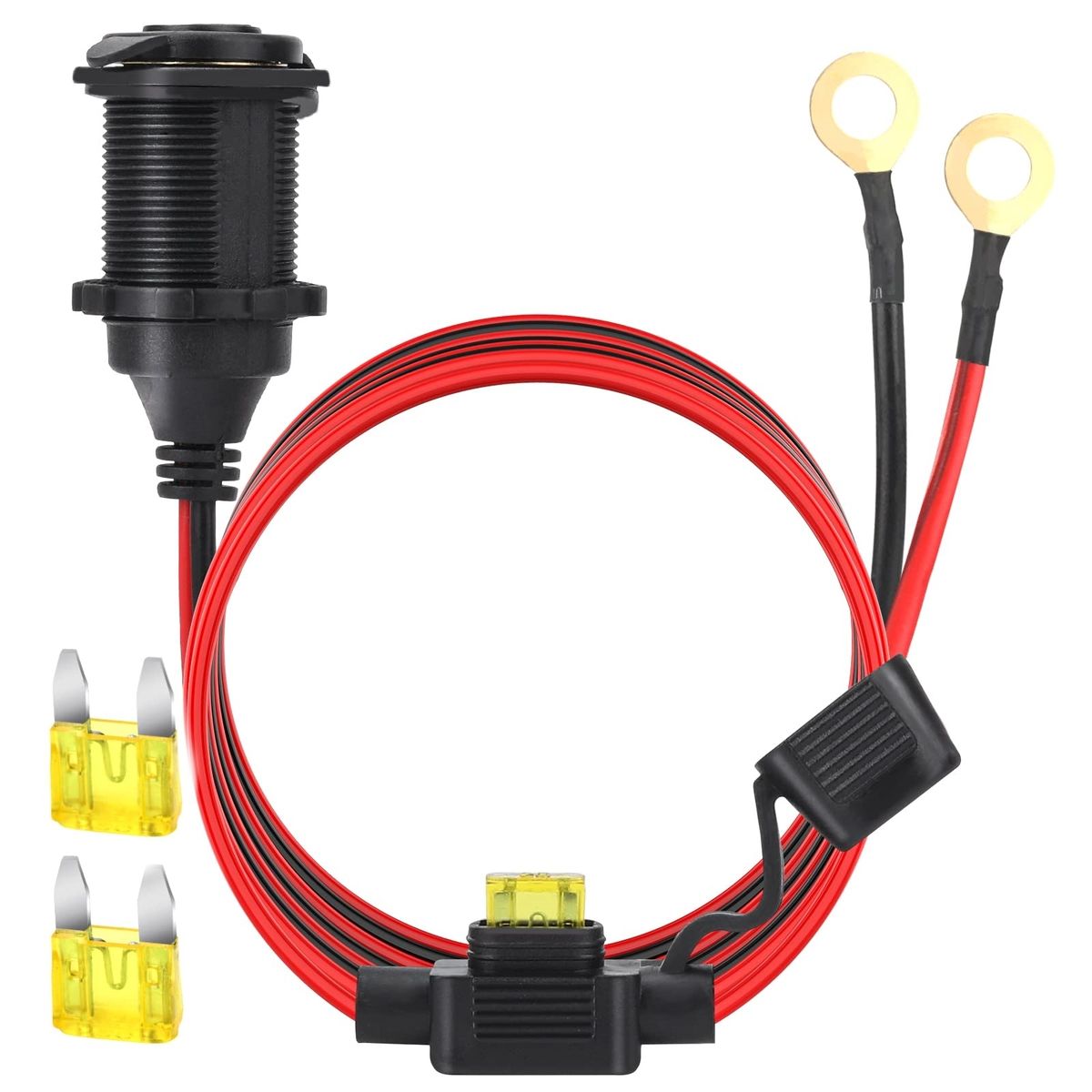 12V/24V Fixed Thread Cigarette Lighter Socket to O Ring Terminal Cord