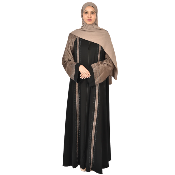 Black Ladies Abaya with Embellished Sleeves &amp; Shimmering Front Panel