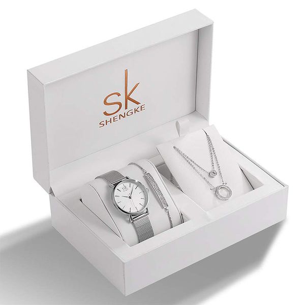 Shengke K0093 Jewelry Set (Bracelet, Necklace &amp; Watch) - Silver