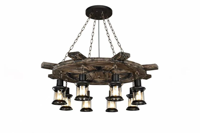 Rustic Wagon Wheel Lantern Chandelier - 8 Light