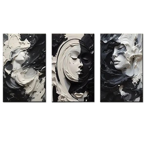 Canvas -Art-3 Piece Black &amp; White Woman Face Absract Wall Art