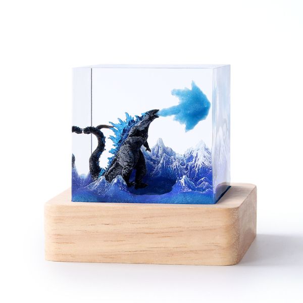 ZELTRYN Godzilla Breathing Fire Resin Ornament RGB Wood Base Night Light