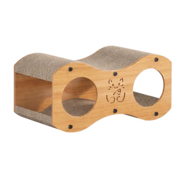 Wooden Cat Scratcher Bed with Dual Tunnels - Brown