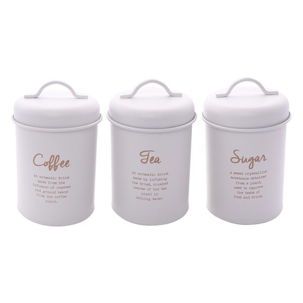 Regent Kitchen Tea, Coffee &amp; Sugar Canisters White with Gold Print 3 Piece Set