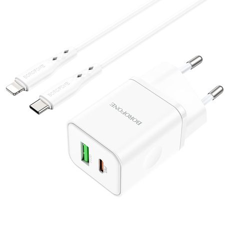 BOROFONE-BN7-Fast iPhone Charger 20W USB+TypeC Port With C To Lightning 1MC Image