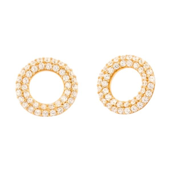 1 Pair - Double Row Crystal Circle Stud Earrings - Gold