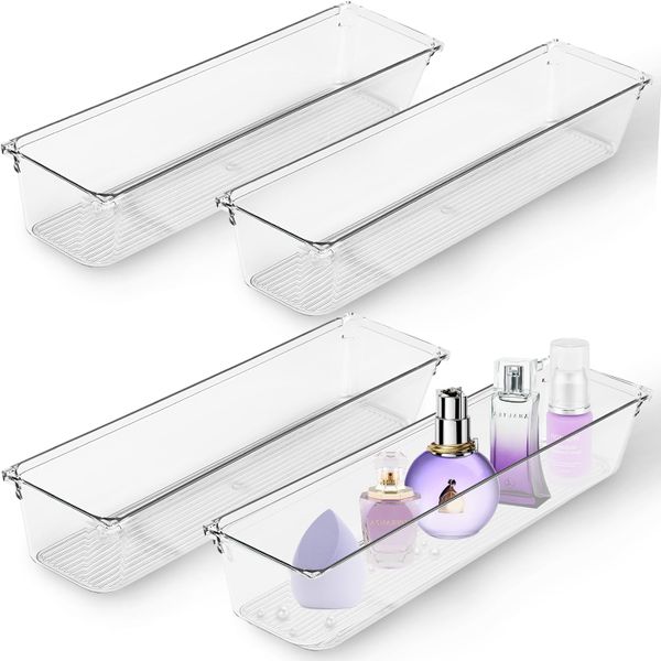 4PCS Clear Plastic Drawer Organizers for Kitchen Utensils and Makeup