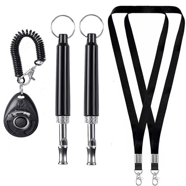 5 Pack Dogs Training Whistle Set with 2 Black Whistles 2 Lanyards 1 Clicker
