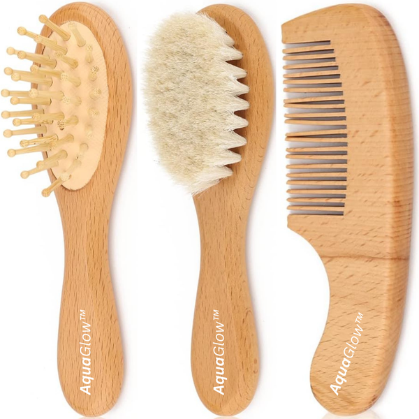 AquaGlow Baby Hairbrush Set -Organic Wool Brush/Massager &amp; Comb- 3-in-1 Set