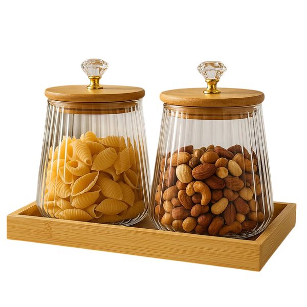 2-Piece Glass Canister Set with Wooden Tray Holder and Lids