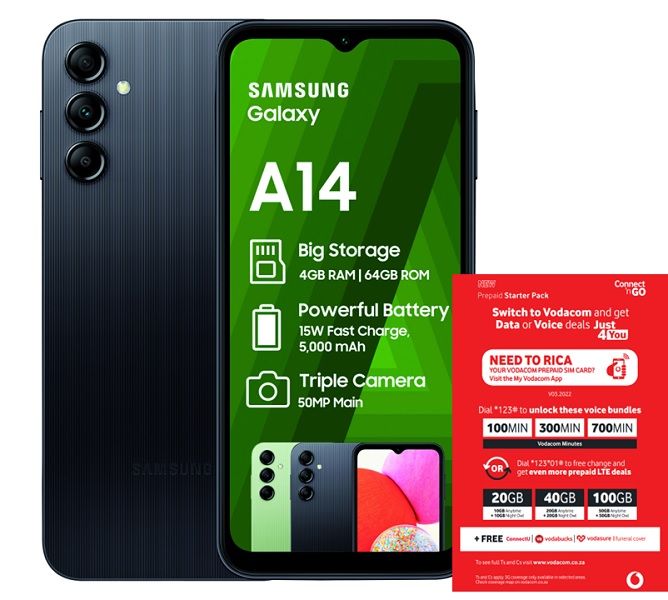 Samsung Galaxy A14 64GB LTE Dual Sim Black Vodacom Sim Card Pack 