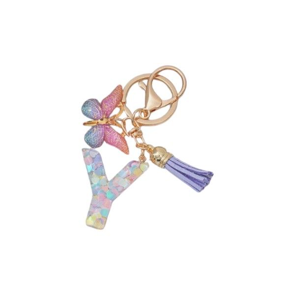 "Y" Keychain With Gradient Butterfly Charm and Purple Tassel - Multicolor