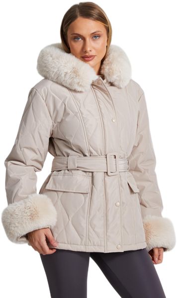 Quiz - Women Faux Fur Trim Jacket - Stone