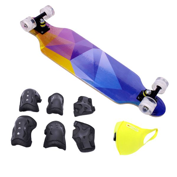 Skateboard 78x20cm Longboard - LED Wheels &amp; Protective Kit - Geometric