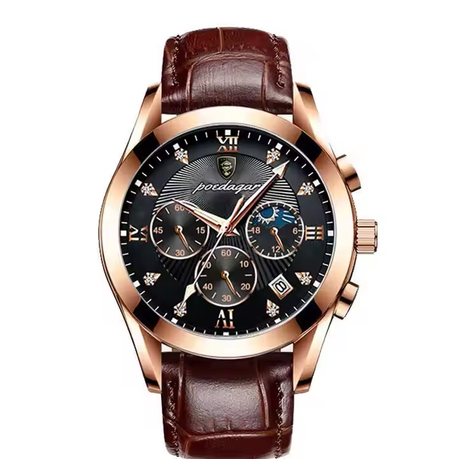 Poedagar-Men's Leather Quartz Watch - Gold&Brown Image