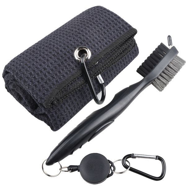 Black Club Groove Cleaner with Waffle Pattern Tri-fold Golf Towel
