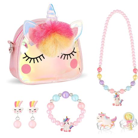 Unicorn Purse with Jewelry Set,Princess Dress Up Jewelry Set Party Gift Image