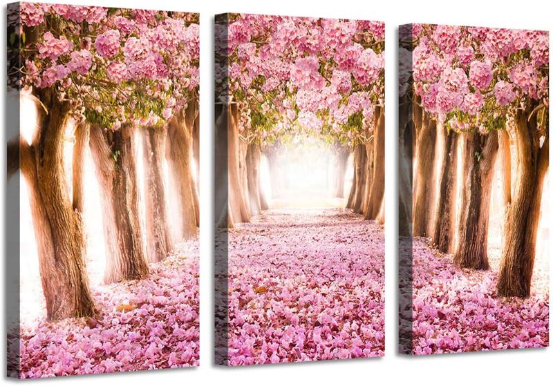 Tree Path Pink, Brown Cotton Canvas cm Floral Wall Art