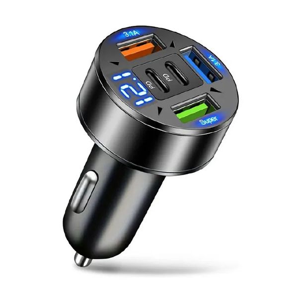250W 5-port car charger with LED display and fast charging function. Black.
