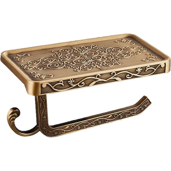Vintage Carved Floral Toilet Paper Holder with Shelf - Golden