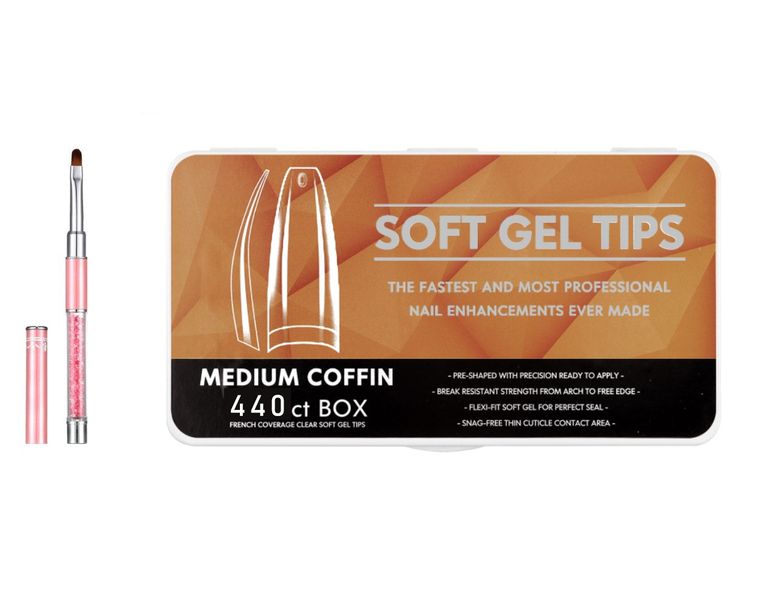 440 Soft Gel Tips Medium Coffin and a Round Gel Brush with a Cap