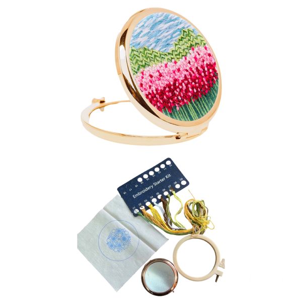 Pink Flowers Embroidery Diy Compact Mirror Sewin image