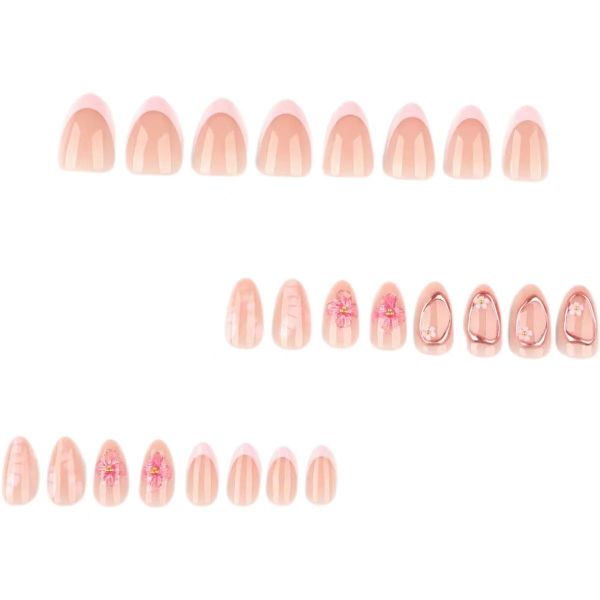 Short Almond Shaped Manicure With Pink Flower False Nails