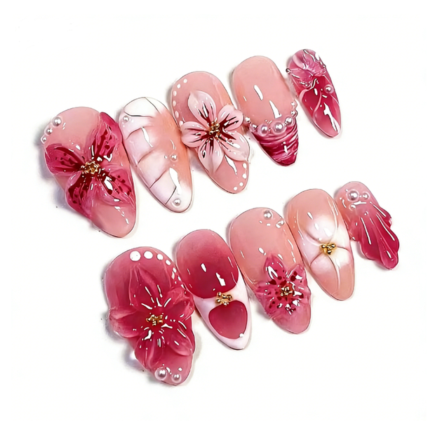On Nails Almond- 3D Pink Floral image