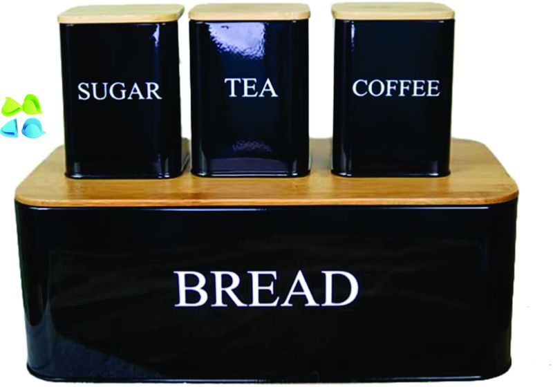 4 Set Kitchen Organiser Coffee, Tea Sugar &amp; Bread Beans Storage With Lids and 4 Clips