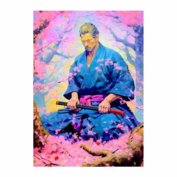 Samurai Meditating Pink Flowers Poster - A1
