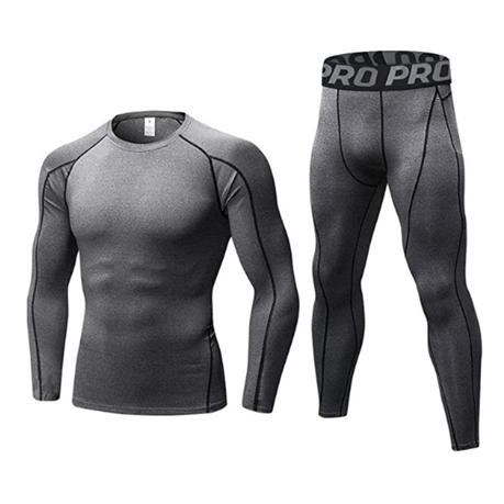 Mens Workout Compression Set Tights and Long Sleeve Shirt Set