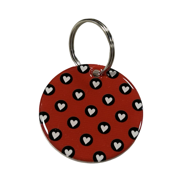 5cm Keyring - White Hearts in Black Circles on Red