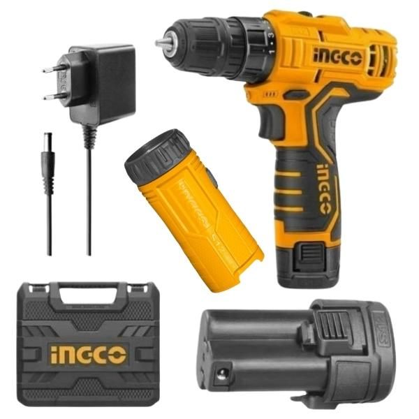 Ingco Cordless Drill, 2 x 1.5 Ah, Charger Flashlight and Carry Case